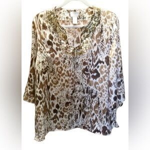 New! Gold Sequins Beautiful Animal Leopard Tunic Tan Brown Lightweight Sz L